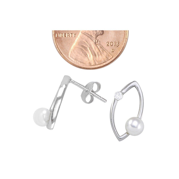 Pearl Earrings Pointed Oval Design Clear CZ .925 Sterling Silver - Jewelryland.com