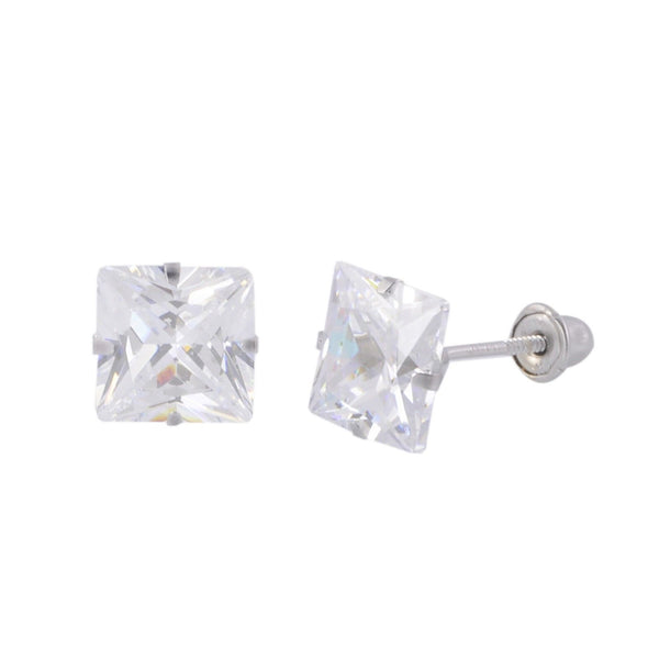 14k White Gold Screwback Stud Earrings Clear Square Princess Cut CZ Prong Set - Jewelryland.com