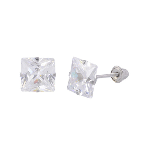 14k White Gold Screwback Stud Earrings Clear Square Princess Cut CZ Prong Set - Jewelryland.com