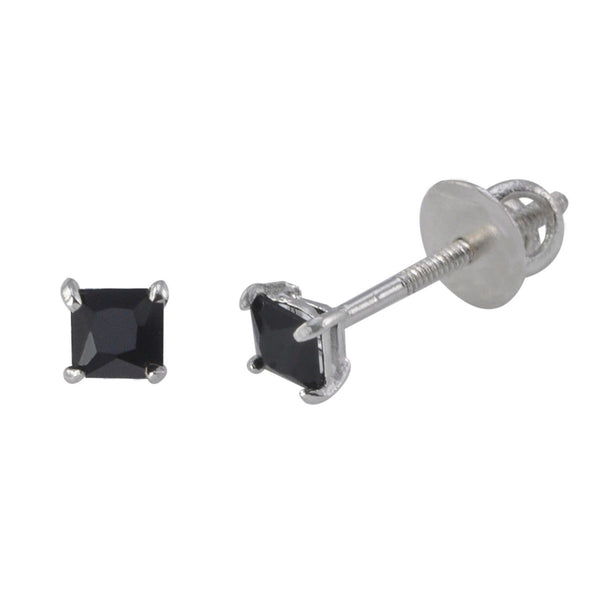 Sterling Silver Screwback Earrings Black CZ Studs Square Princess Cut Basket Set - Jewelryland.com