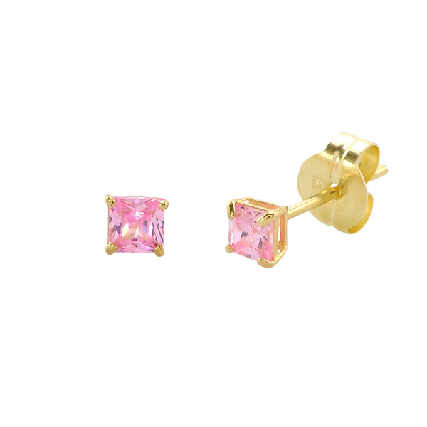 10k Yellow Gold Square Pink CZ Stud Earrings Cubic Zirconia Basket Set - Jewelryland.com