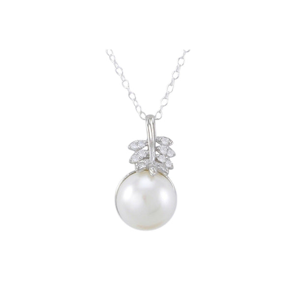 White Freshwater Pearl Necklace White CZ Leaf Design Sterling Silver, 18" Chain - Jewelryland.com