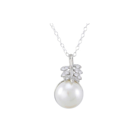White Freshwater Pearl Necklace White CZ Leaf Design Sterling Silver, 18" Chain - Jewelryland.com