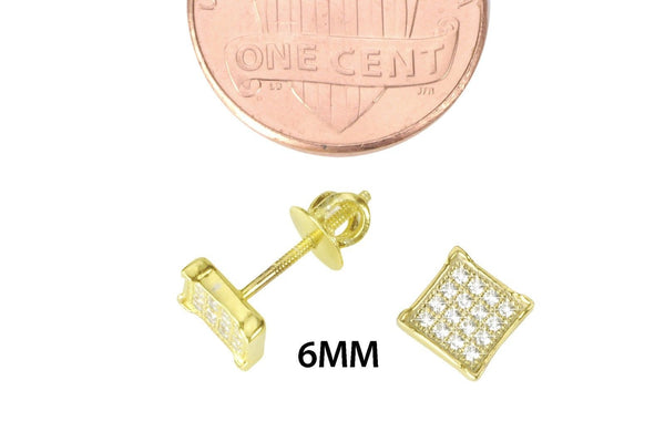 Sterling Silver Yellow Gold Plated Pave Stud Earrings Screwbacks 6mm CZ Square - Jewelryland.com