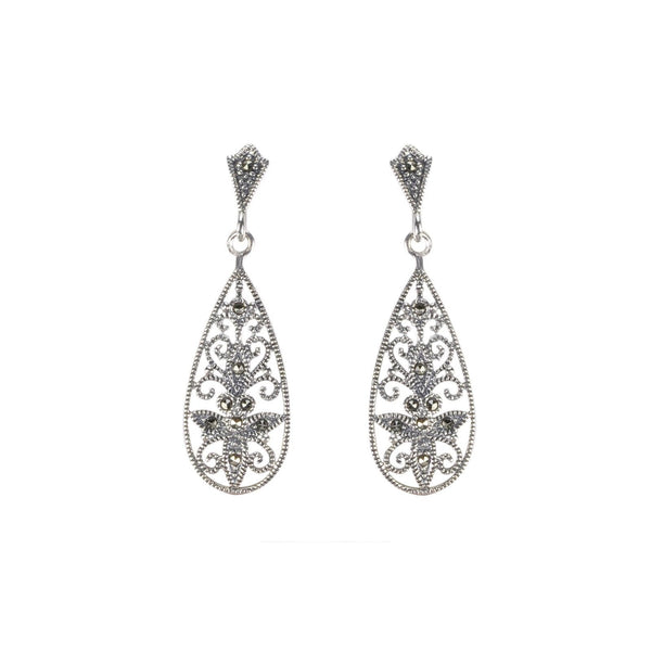Marcasite Dangle Earrings .925 Sterling Silver Vintage Style 40mm Fancy Teardrop - Jewelryland.com