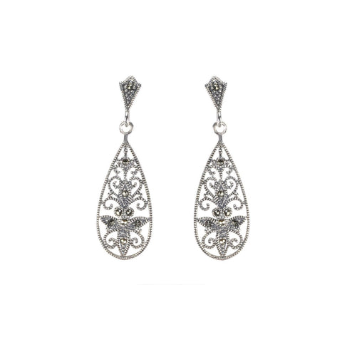 Marcasite Dangle Earrings .925 Sterling Silver Vintage Style 40mm Fancy Teardrop - Jewelryland.com