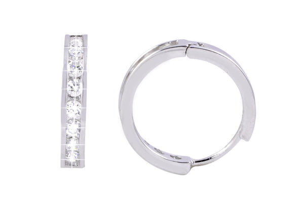 Sterling Silver Huggie Earrings Hinged Hoops White Cubic Zirconia 17mm x 3mm - Jewelryland.com