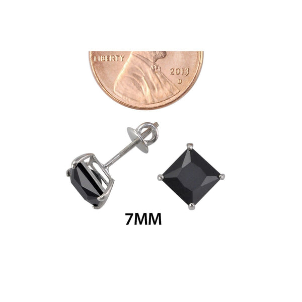 Sterling Silver Screwback Earrings Black CZ Studs Square Princess Cut Basket Set - Jewelryland.com