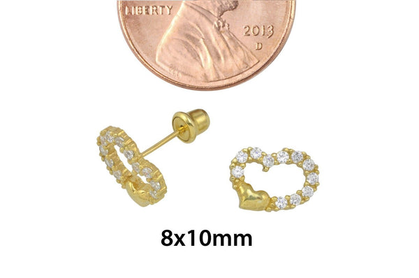 925 Sterling Silver Stud Earrings Cubic Zirconia Heart Yellow Gold Plated 8mm - Jewelryland.com