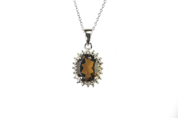 Stunning 925 Sterling Silver Diamond and Smoky Quartz Necklace 16mm Oval - Jewelryland.com
