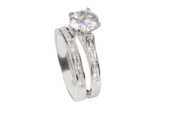 Sterling Silver 8mm Cubic Zirconia AAA Grade CZ Engagement Ring & Band Rhodium - Jewelryland.com