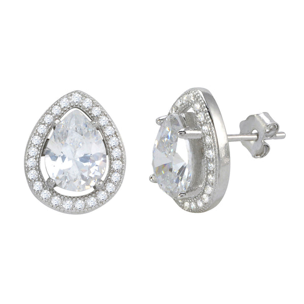 Sterling Silver Halo Cubic Zirconia Teardrop Stud Earrings Micropave 13mm x 10mm - Jewelryland.com