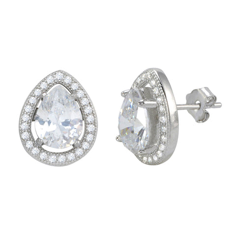 Sterling Silver Halo Cubic Zirconia Teardrop Stud Earrings Micropave 13mm x 10mm - Jewelryland.com