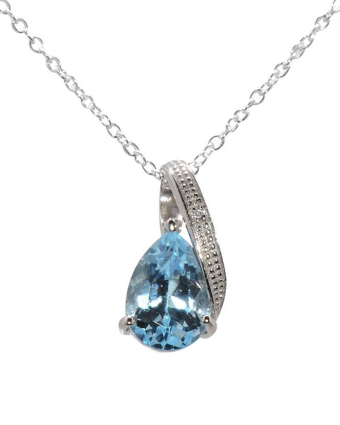 Sterling Silver Diamond (.003ct) and Blue Topaz (2.3ct) Teardrop Necklace 18" - Jewelryland.com