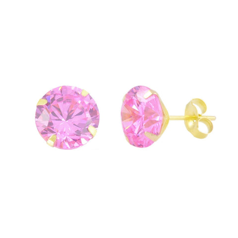 14k Yellow Gold Pink CZ Earrings Round Cubic Zirconia October Birthstone Studs - Jewelryland.com