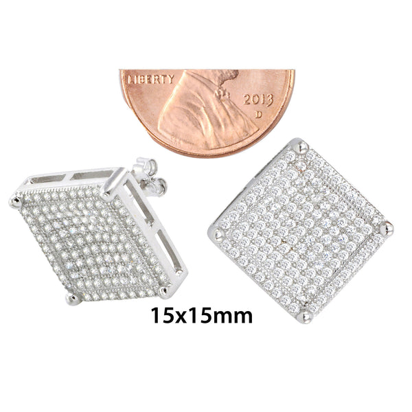 Sterling Silver Mens Stud Earrings Large Square Cubic Zirconia Micropave CZ 15mm - Jewelryland.com