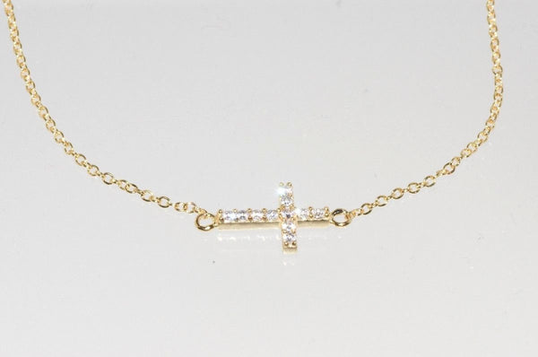 925 Silver Yellow Gold Plated Sideway Cross Necklace Cubic Zirconia, 16.5" - Jewelryland.com
