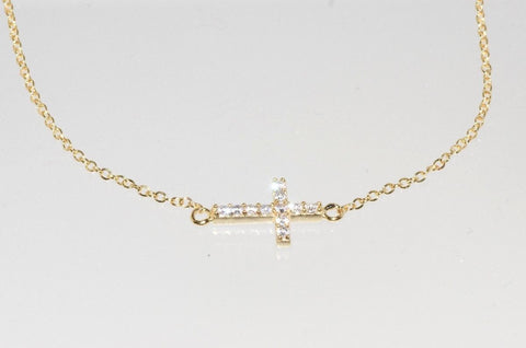925 Silver Yellow Gold Plated Sideway Cross Necklace Cubic Zirconia, 16.5" - Jewelryland.com