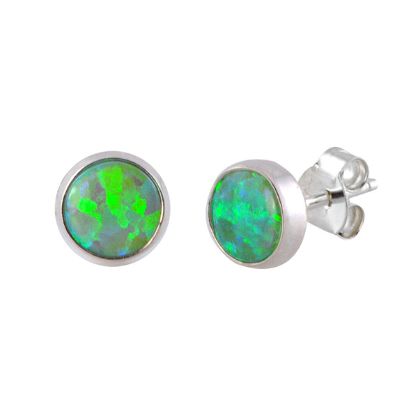Sterling Silver Opal Stud Earrings Green Gemstone 7mm Round - Jewelryland.com