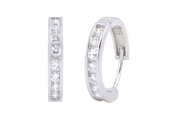 Sterling Silver Huggie Earrings Hinged Hoops White Cubic Zirconia 17mm x 3mm - Jewelryland.com