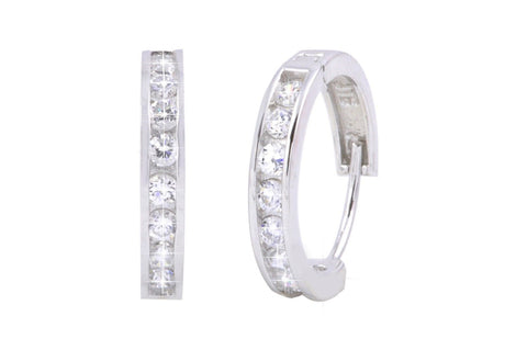 Sterling Silver Huggie Earrings Hinged Hoops White Cubic Zirconia 17mm x 3mm - Jewelryland.com