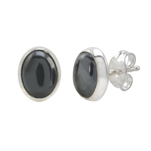 Hematite Gemstone Stud Earrings 925 Sterling Silver 9mm x 7mm Oval - Jewelryland.com
