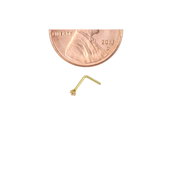 Nose Stud 22G 14k Yellow Gold 2mm Clear CZ L Shaped Bent Nose Pin Flat Setting - Jewelryland.com