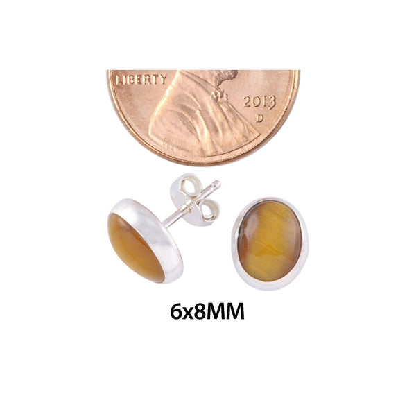 925 Sterling Silver Tigers Eye Stud Earrings Gemstone 6mm x 8mm Oval Shape - Jewelryland.com