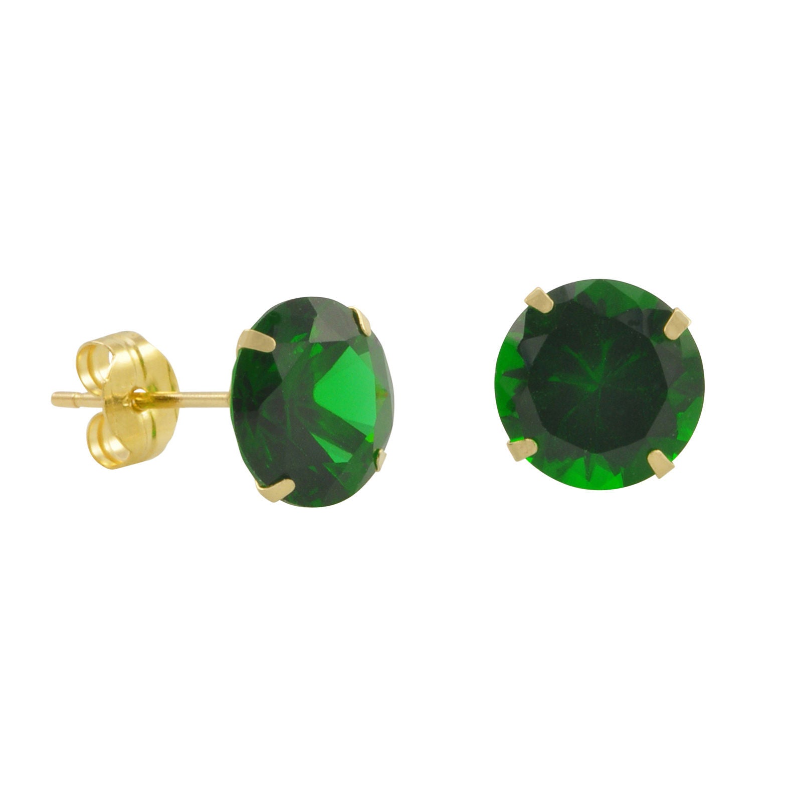 10k Yellow Gold Green Emerald CZ Stud Earrings Cubic Zirconia Round Pr ...