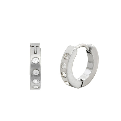 Stainless Steel Huggie Hinged CZ Hoop Earrings 14mm High Polish - Jewelryland.com