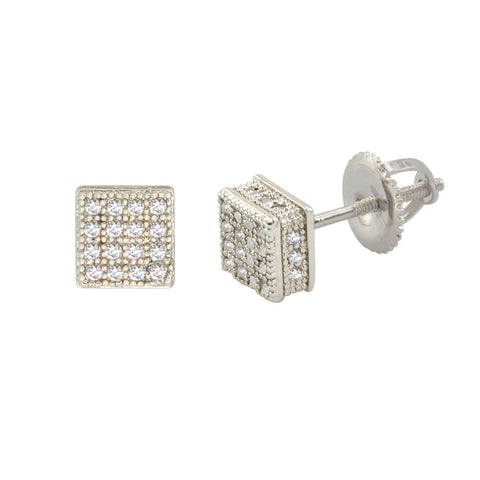 Sterling Silver Square Screw Back Stud Earrings 6mm Clear CZ 3d Side Stones - Jewelryland.com