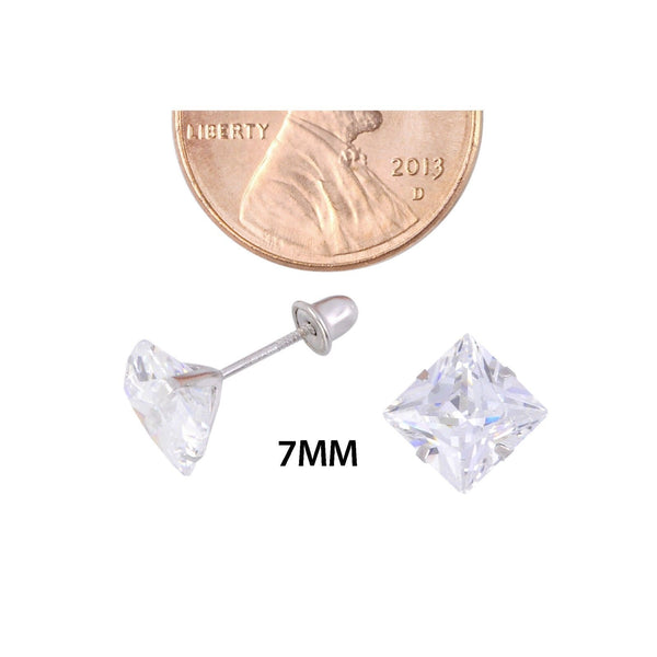 14k White Gold Screwback Stud Earrings Clear Square Princess Cut CZ Prong Set - Jewelryland.com