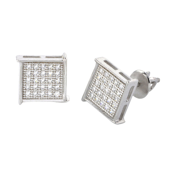 Hip Hop Screwback Stud Earrings Sterling Silver 8mm Pave CZ Square Edge Overhang - Jewelryland.com
