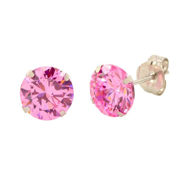 14k White Gold Pink CZ Earrings Round Cubic Zirconia October Birthstone Studs - Jewelryland.com