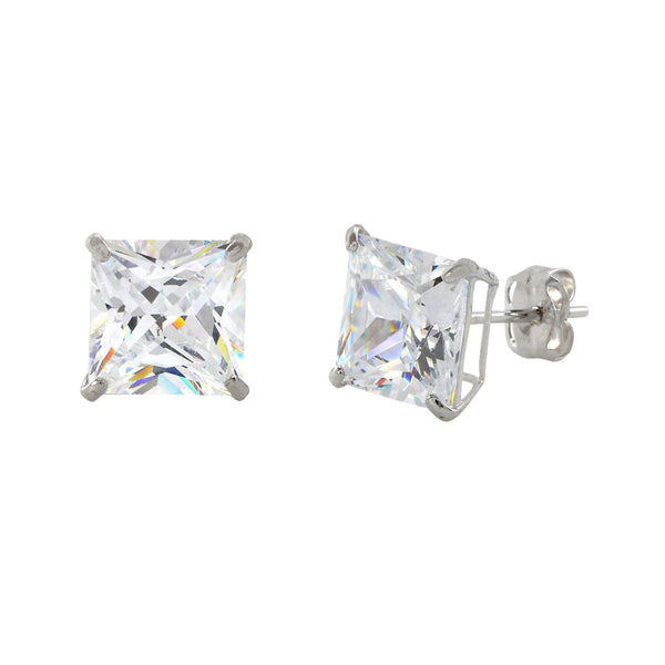 10k White Gold Square Stud Earrings Clear CZ Cubic Zirconia Princess Cut Basket - Jewelryland.com