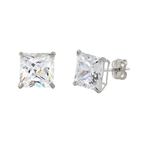 10k White Gold Square Stud Earrings Clear CZ Cubic Zirconia Princess Cut Basket - Jewelryland.com