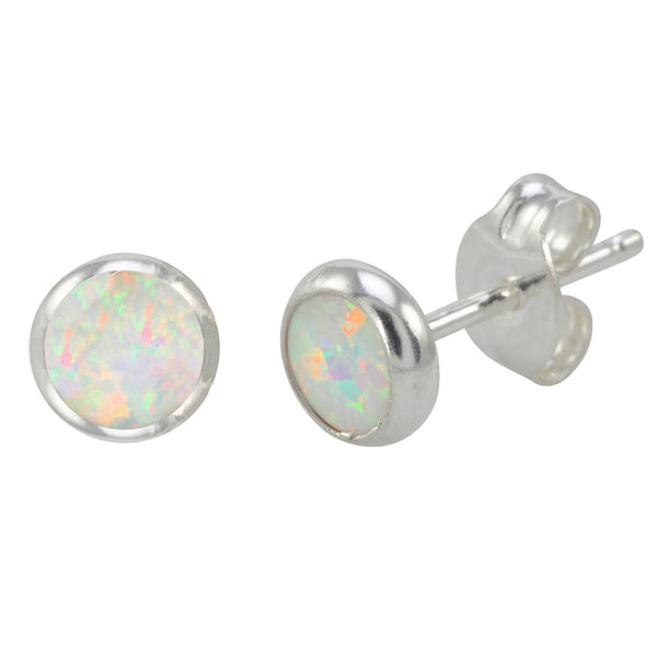 925 Sterling Silver White Opal Gemstone Earrings 6mm Round - Jewelryland.com