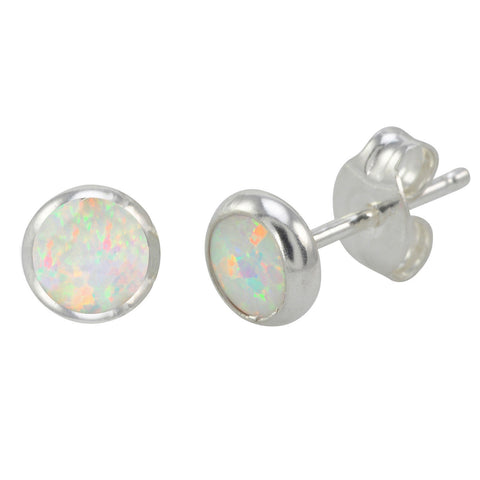925 Sterling Silver White Opal Gemstone Earrings 6mm Round - Jewelryland.com