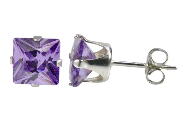 Sterling Silver Square Purple CZ Cubic Zironia Stud Earrings February Birthstone - Jewelryland.com