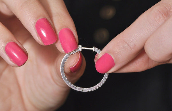 Cubic Zirconia Hoop Earrings CZ .925 Sterling Silver 29mm Push Latch Lock - Jewelryland.com