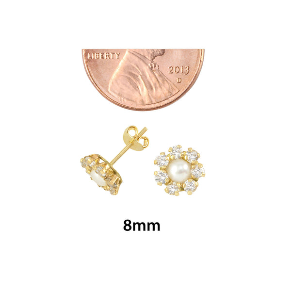 10k Yellow Gold Pearl Flower Stud Earrings Cubic Zirconia with Pushbacks 8mm - Jewelryland.com