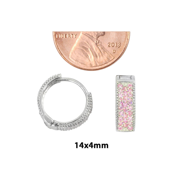 Sterling Silver Earrings Huggie Hoops Micropave Pink Cubic Zirconia 14mm x 4mm - Jewelryland.com