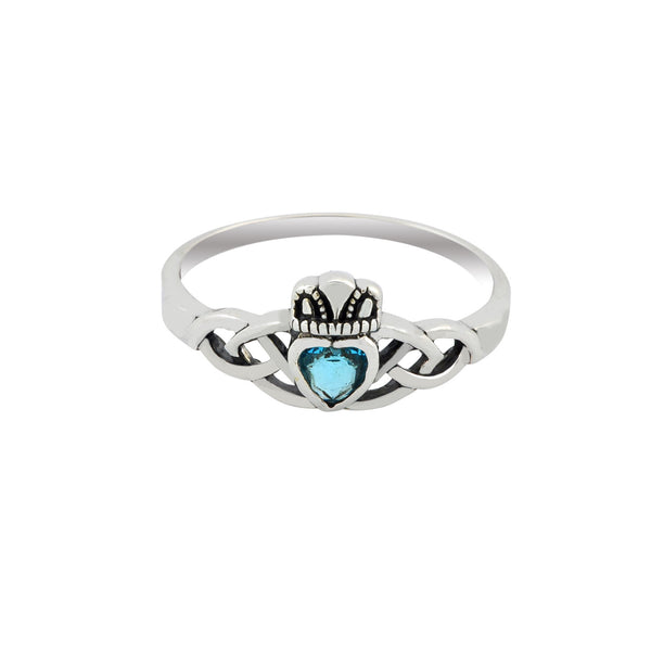 Sterling Silver Claddagh Ring Blue Topaz CZ Stone Irish Celtic Wedding Band - Jewelryland.com