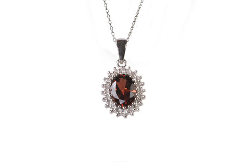 Sterling Silver Garnet and Diamond Necklace (.01ct) Oval Pendant Necklace - Jewelryland.com