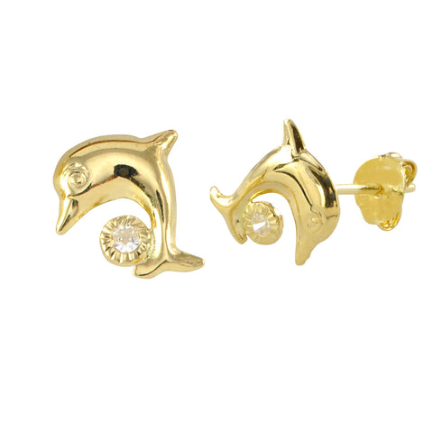 10k Yellow Gold Dolphin with CZ Ball Stud Earrings with Friction Pushbacks 9x8 - Jewelryland.com
