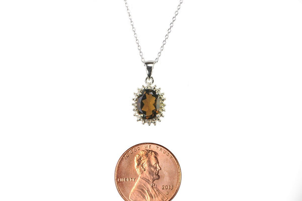 Stunning 925 Sterling Silver Diamond and Smoky Quartz Necklace 16mm Oval - Jewelryland.com