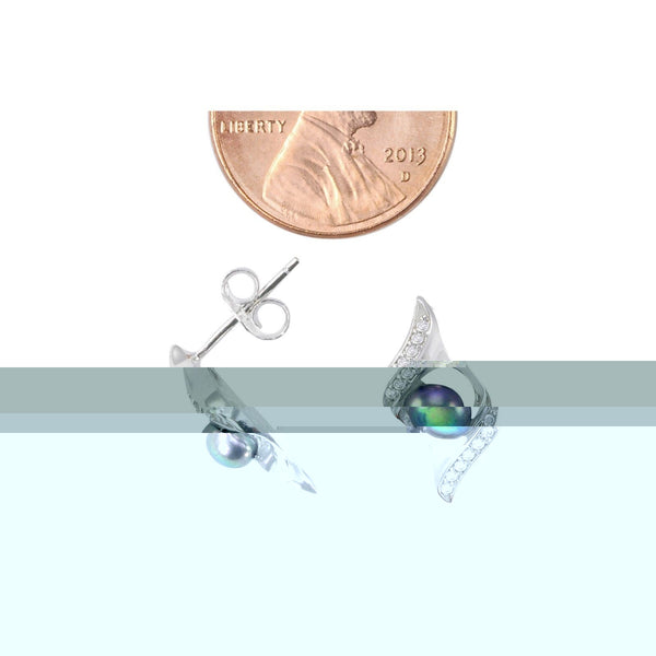 Elegant Black Pearl Stud Earrings with 2 Row Frame White CZ .925 Sterling Silver - Jewelryland.com