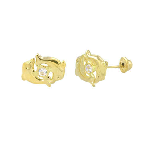 10k Yellow Gold Double Dolphin Stud Earrings Screwbacks Clear Cubic Zirconia 7mm - Jewelryland.com