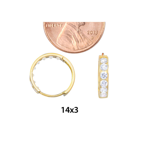 14K Yellow Gold Huggie Earrings Snap Closure Hoops Cubic Zirconia 14mm x 3mm - Jewelryland.com