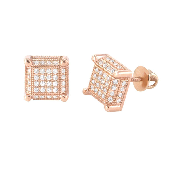 Mens Womens Studs Screwback Earrings Rose Gold Plated Micropave CZ 9mm Square 3d - Jewelryland.com